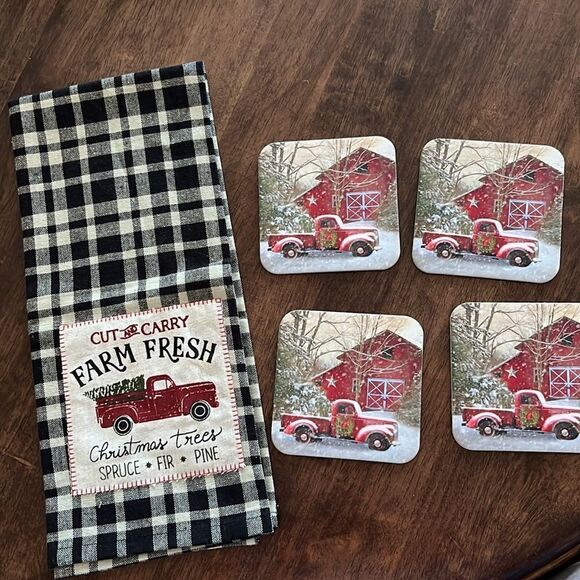 Christmas Farmhouse Barn and Red Pickup Truck Cork Coasters and Towel (new) - Picture 1 of 11
